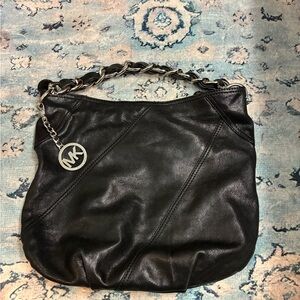 Michael Kors Black Leather Shoulder Bag with Chain and MK Charm